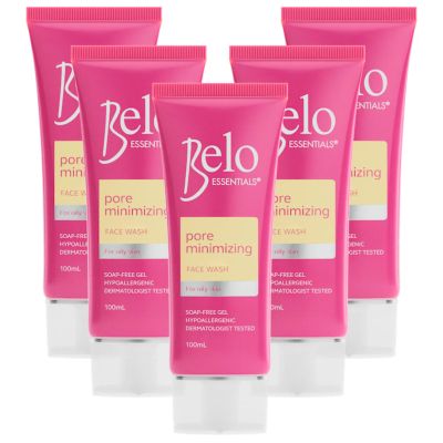 Belo Essentials Pore Refining Oil Control Facial Cleanser Dermatologist Tested Gentle Foaming Gel Formula Daily Skincare Wash - 100ml x 5 Bottles