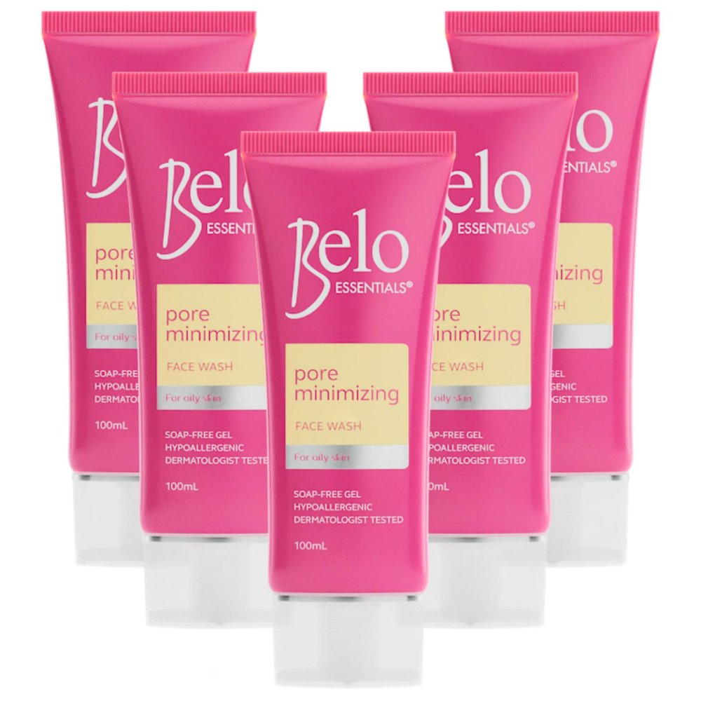 Belo Essentials Pore Refining Oil Control Facial Cleanser Dermatologist Tested Gentle Foaming Gel Formula Daily Skincare Wash - 100ml x 5 Bottles