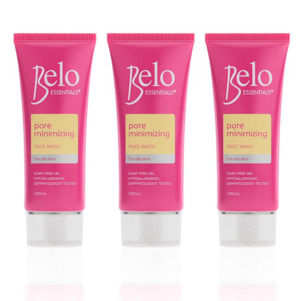 Belo Essentials Pore Refining Oil Control Facial Cleanser Dermatologist Tested Gentle Foaming Gel Formula Daily Skincare Wash - 100ml x 3 Bottles