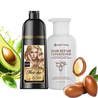 3-in-1 Natural Hair Dye Shampoo & Hair Repair Conditioner Bundle - Gray Coverage & Deep Moisture - Vegan, Sulfate-Free, Color-Safe - Argan Oil, Collagen - 2x400ml (NATURAL BLONDE)