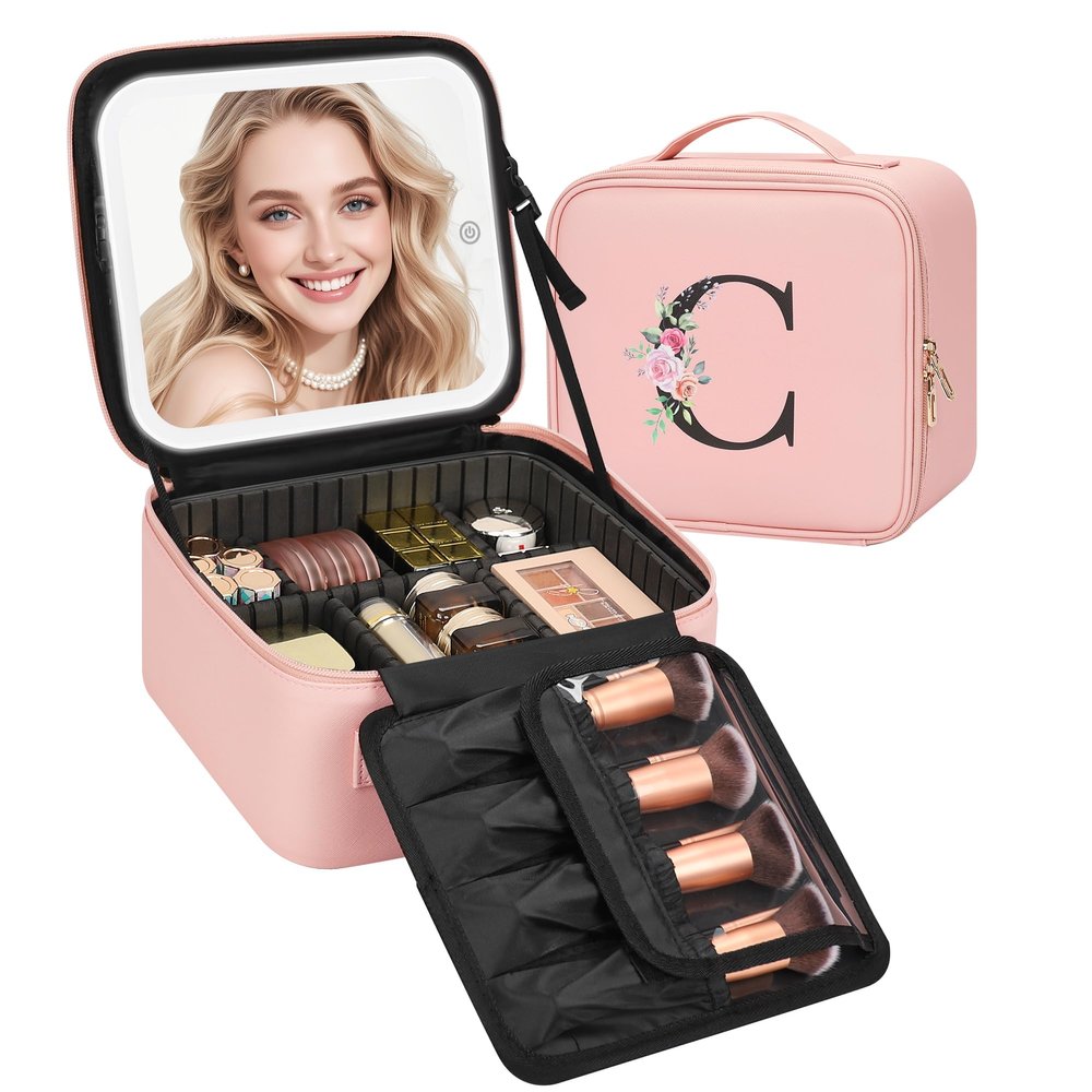 Relavel Initial Makeup Bag with LED Mirror for Women Girls, Personalized Travel Cosmetic Organizer Train Case, Birthday Gifts for Grandkids Bridesmaid Graduation Teacher Friends, Trendy Stuff, Pink C