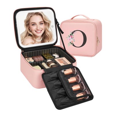 Relavel Initial Makeup Bag with LED Mirror for Women Girls, Personalized Travel Cosmetic Organizer Train Case, Birthday Gifts for Grandkids Bridesmaid Graduation Teacher Friends, Trendy Stuff, Pink O