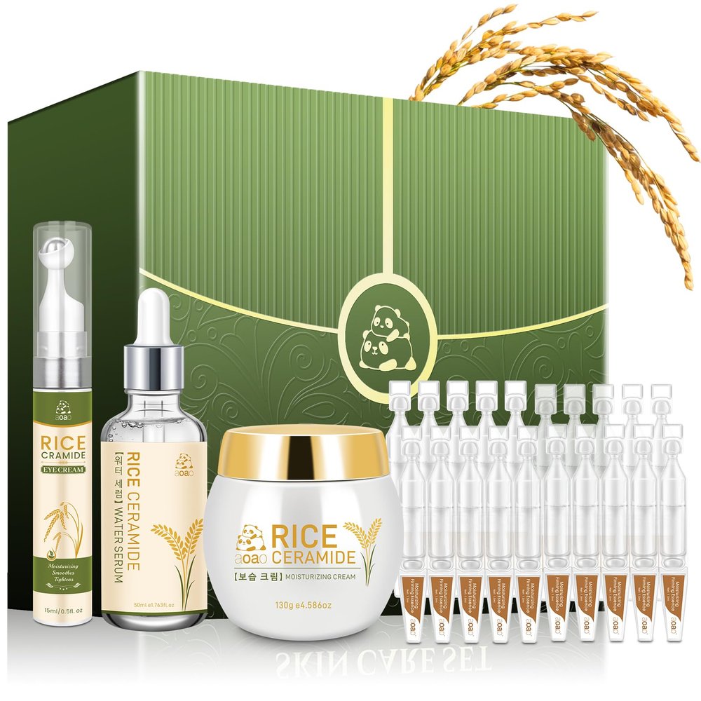 AOAO Anti-Aging Skincare Set with Rice Extract, Wrinkle Reduction Gift Kit, Moisturizing Face Cream & Essence, Roller Ball Eye Cream, Hydrating Water Serum for Fine Lines, Firming and Brightening