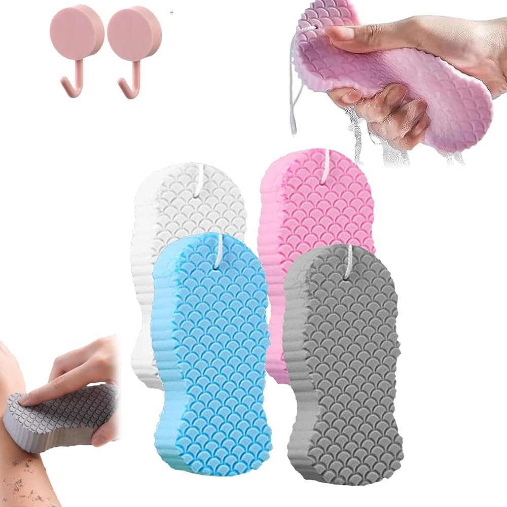 4PCS Body Scrubber, Magic Exfoliating Bath Sponge, 3D Super Soft Exfoliating Bath Sponge, Magic Exfoliating Body Scrubber Resuable for Gentle Dead Skin Removal (A)