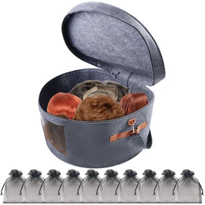 CODOHI Wig Storage Boxes,Wig Travel Cases Foldable for Multiple Wigs for Men and Women,Yarn Organizer, Cosmetic Cabinet Storage Bag (Medium Grey)