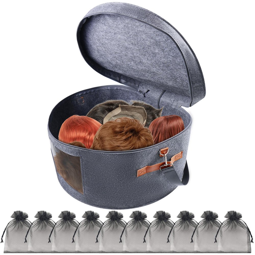 CODOHI Wig Storage Boxes,Wig Travel Cases Foldable for Multiple Wigs for Men and Women,Yarn Organizer, Cosmetic Cabinet Storage Bag (Medium Grey)