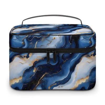 GZVGZV Large Travel Makeup Bag Organizer - Leather Travel Blue And Gold Texture Print Cosmetic Toiletry Bag for Women, Nail Skincare Makeup Case Organizer with Compartments Brush Storage And Handle