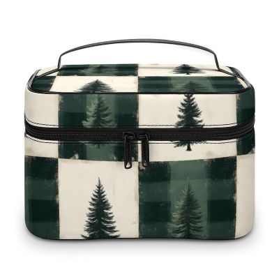Large Travel Makeup Bag Organizer - Leather Travel Green Christmas Tree Plaid Print Cosmetic Toiletry Bag for Women, Nail Skincare Makeup Case Organizer with Compartments Brush Storage And Handle