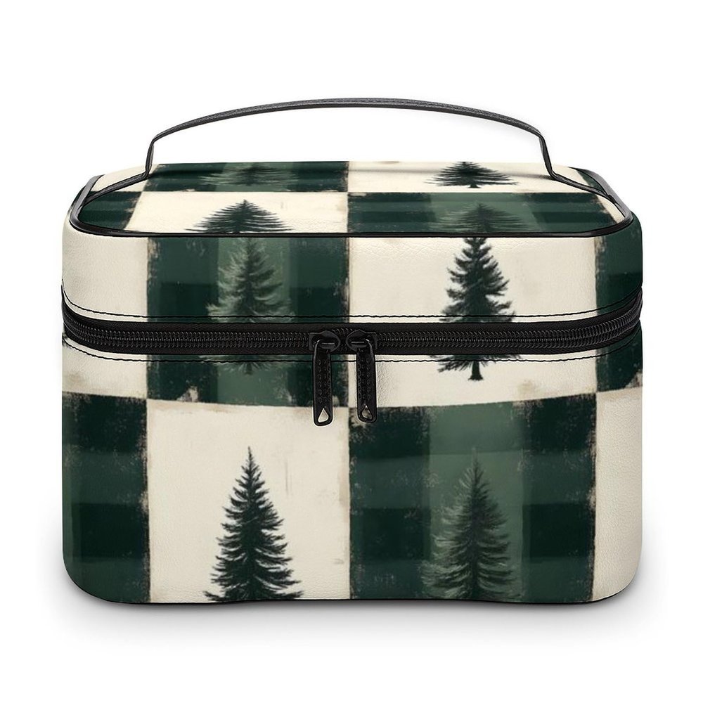 Large Travel Makeup Bag Organizer - Leather Travel Green Christmas Tree Plaid Print Cosmetic Toiletry Bag for Women, Nail Skincare Makeup Case Organizer with Compartments Brush Storage And Handle