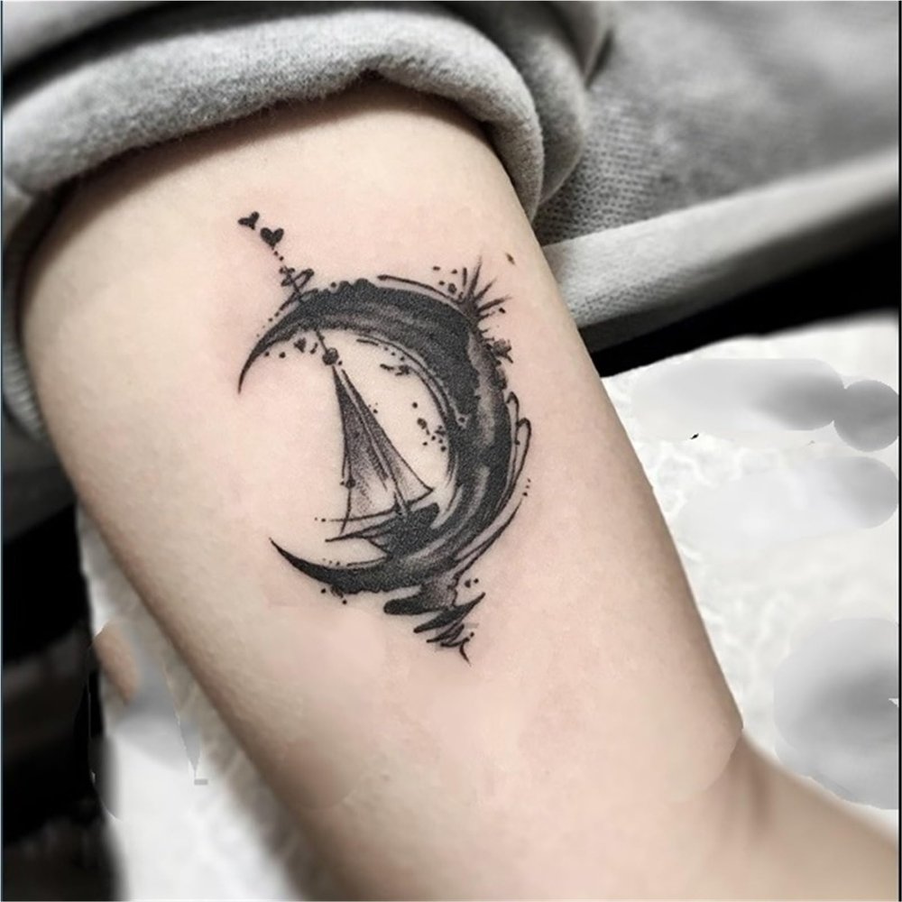 2pcs Moon And Sailboat Juice Herbal Temporary Tattoo Stickers For Women And Men, Semi-permanent, Waterproof, Lasting 2 Weeks, Fake Tattoos