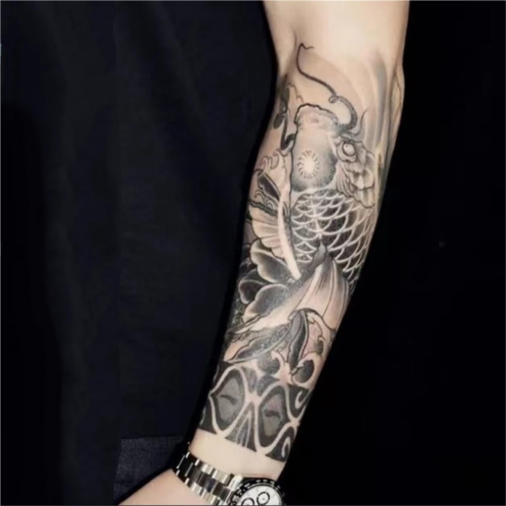 2pcs Arm Koi Fish Juice Female And Male Herbal Temporary Tattoo Stickers, Semi-permanent, Waterproof, Lasting 2 Weeks, Fake Tattoos