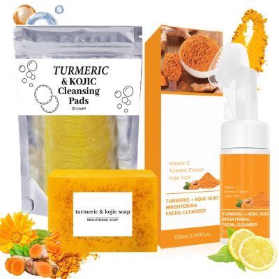 3pcs-Turmeric Wash and Care Three Piece Set,Turmeric Facial Cleanser & Turmeric Soap Bar & Turmeric Face Scrub Pads,Face & Body Cleanser,Turmeric Cleansing Skincare Set, Deep Cleansing
