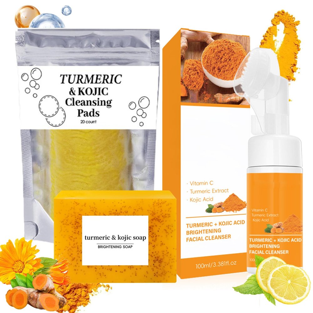 3pcs-Turmeric Wash and Care Three Piece Set,Turmeric Facial Cleanser & Turmeric Soap Bar & Turmeric Face Scrub Pads,Face & Body Cleanser,Turmeric Cleansing Skincare Set, Deep Cleansing