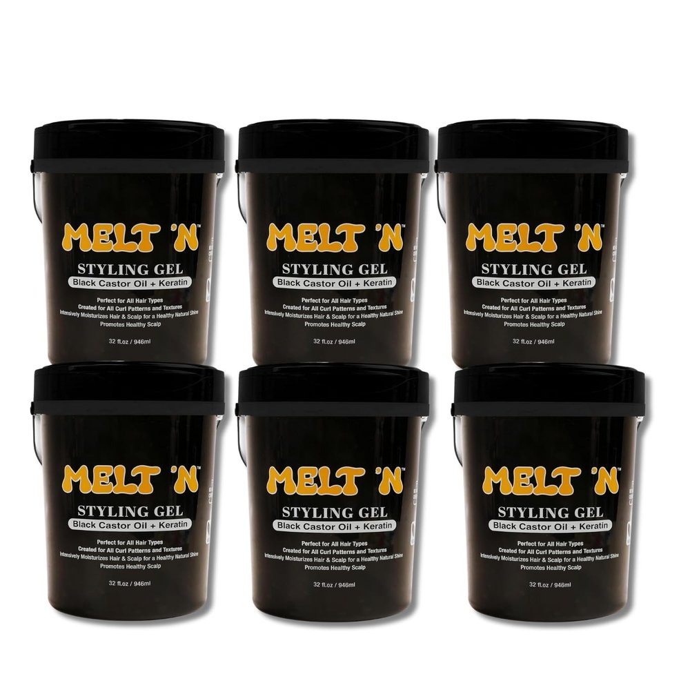 EBIN NEW YORK Edge Growth for Black Hair  6x MELT'N Styling Gel - Black Castor Oil + Keratin 32oz Strong Hold and Lightweight Care for Defined Curls and Smooth Styling  Gift Set (6 Items)
