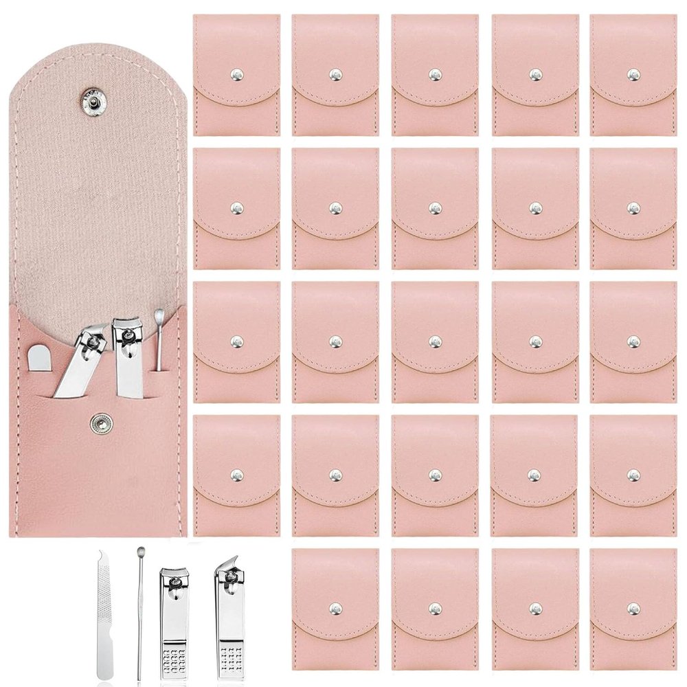 24 Sets Travel Manicure Set Professional Nail Clipper Kit Bulk,4 in 1 Adult Stainless Steel Travel Manicure Kit with Case Individually Wrapped Nail Clippers Bulk for Homeless,Hotel,CharityPink