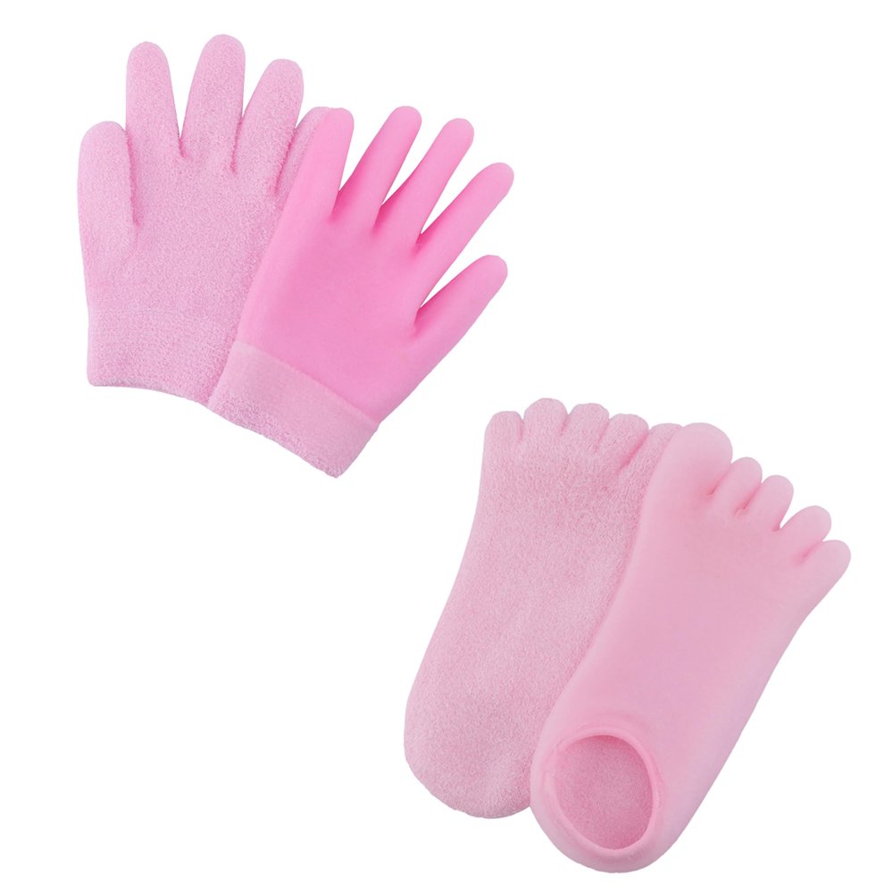 Foot Moisturising Socks and Hand Gloves Set Infused with Essential Oils  Soft Fabric Covered Silicone Socks and Gloves for Cracked Heels, Rough Skin, Cuticles (Pink)