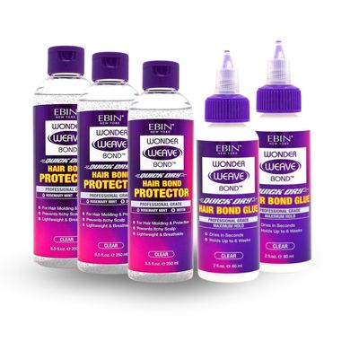 EBIN NEW YORK 3x Wonder Weave Bond Hair Protector (Clear) 8.5 oz Bundle with 2x Hair Bond Glue (Clear) 2 oz Protective Shield & Secure Hold  Seamless Application for Weaves  Gift Set (5 Items)