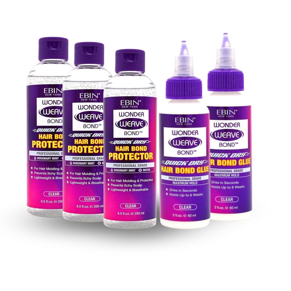 EBIN NEW YORK 3x Wonder Weave Bond Hair Protector (Clear) 8.5 oz Bundle with 2x Hair Bond Glue (Clear) 2 oz Protective Shield & Secure Hold  Seamless Application for Weaves  Gift Set (5 Items)