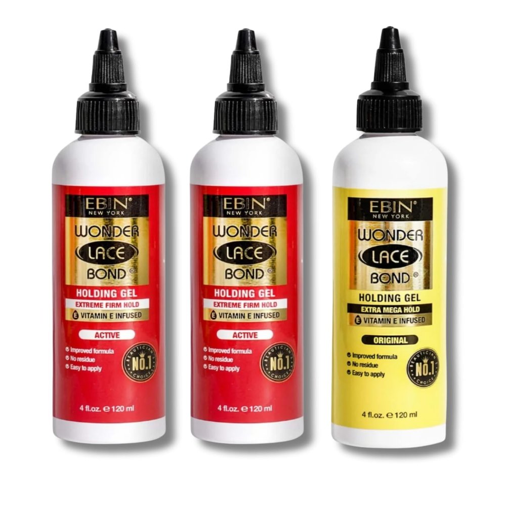 EBIN NEW YORK Lace Glue  2x Wonder Lace Bond Holding Gel Extreme Firm Hold (4 oz/120 ml) Bundle with Extra Mega Hold (4 oz/120 ml) Long-Lasting & Styling Control  Gift Set (3 Items)