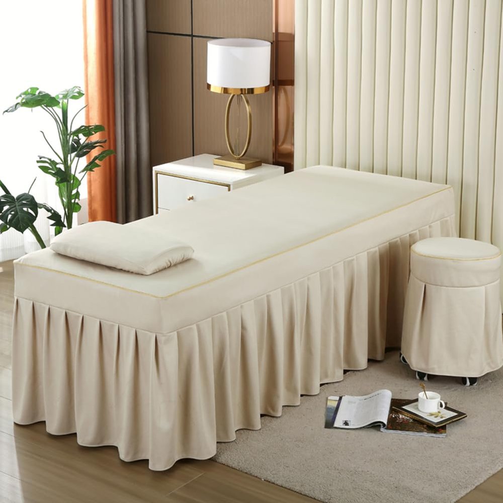 Beige,190 * 75cm(S),LDLCYCN Massage Table Bed Skirt with Elastic Band Full Wrap Beauty Salon Fitted Sheet Soft Skin-Friendly Spa Bed Cover with Hole Beauty Massage Spa Couch Cover Washable