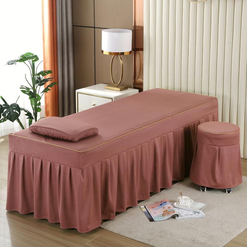 Coffee,180 * 60cm(S),LDLCYCN Massage Table Bed Skirt with Elastic Band Full Wrap Beauty Salon Fitted Sheet Soft Skin-Friendly Spa Bed Cover with Hole Beauty Massage Spa Couch Cover Washable