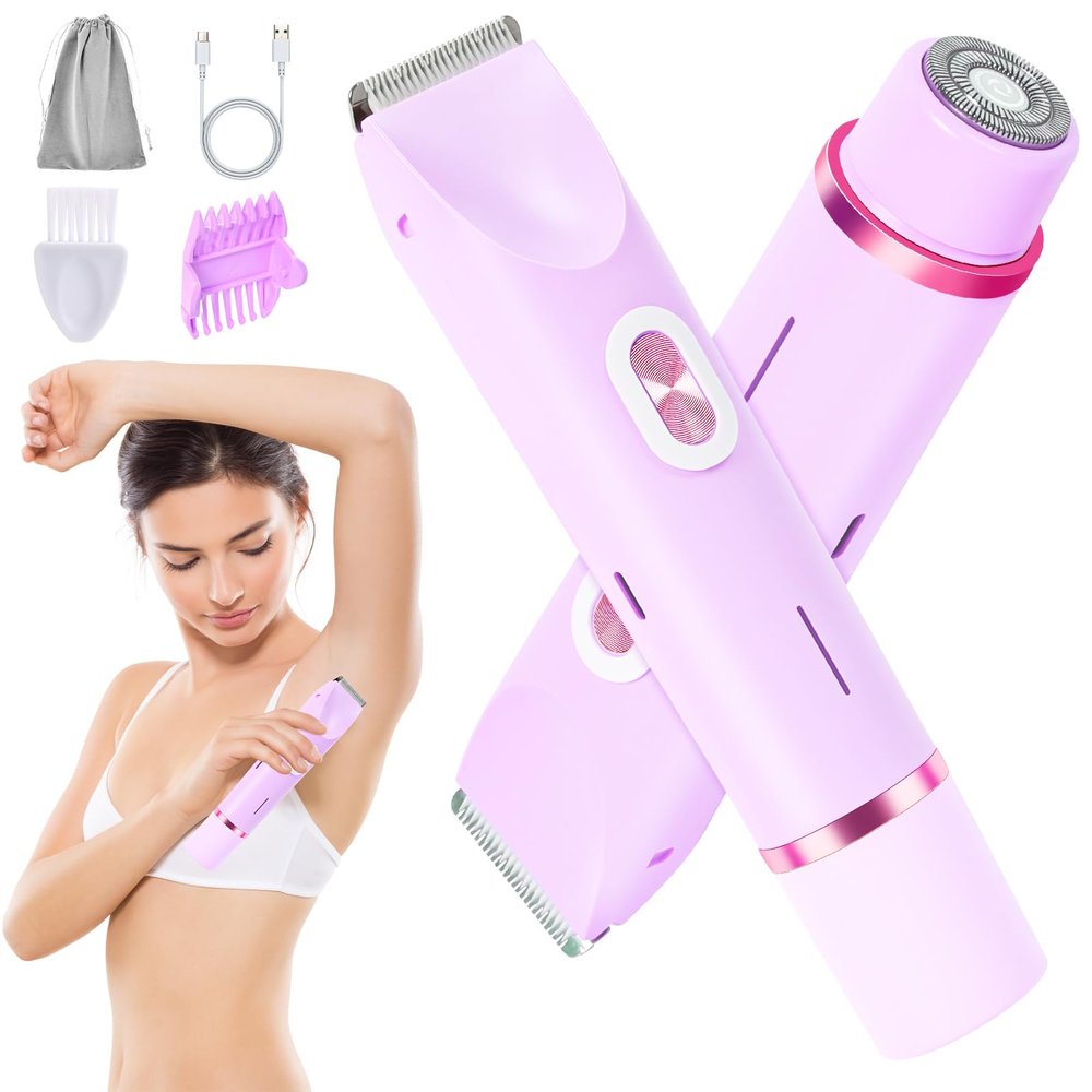 bbetyuss 2 in 1 Bikini Trimmer for Women, Dual Head Electric Rozor, Facial Hair Removal, Ipx7 Waterproof Body Shaver for Bikini Face Armpit Pubic Hair Leg Back, Easy Cleaning, Ceramic Blade (Purple)