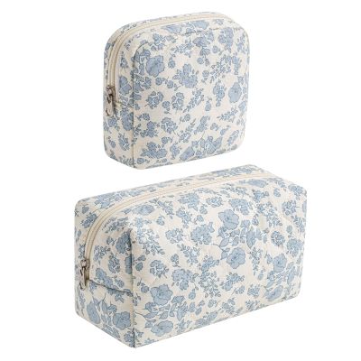 2 Pcs Quilted Cotton Makeup Bag Set, Small Aesthetic Cosmetic Bag with Floral Pattern, Cute Makeup Pouch for Purse, Kawaii Trendy Preppy Travel Toiletry Bag for Women and Girls(21 Blue Flower Set)