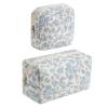 2 Pcs Quilted Cotton Makeup Bag Set, Small Aesthetic Cosmetic Bag with Floral Pattern, Cute Makeup Pouch for Purse, Kawaii Trendy Preppy Travel Toiletry Bag for Women and Girls(21 Blue Flower Set) view 1
