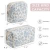 2 Pcs Quilted Cotton Makeup Bag Set, Small Aesthetic Cosmetic Bag with Floral Pattern, Cute Makeup Pouch for Purse, Kawaii Trendy Preppy Travel Toiletry Bag for Women and Girls(21 Blue Flower Set) view 3