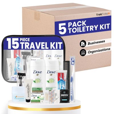 Trektote Bulk Hygiene Kit for Men and Women (5 Pack) 15 Piece Set of Travel Size Toiletries, TSA Compliant, Bulk Travel Essentials, Includes Shampoo and Conditioner, Body Wash, Toiletry Bag & More