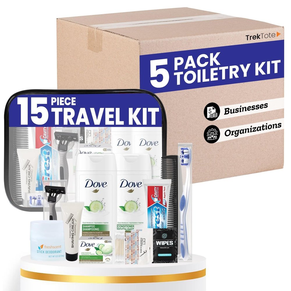 Trektote Bulk Hygiene Kit for Men and Women  (5 Pack) 15 Piece Set of Travel Size Toiletries, TSA Compliant, Bulk Travel Essentials, Includes Shampoo and Conditioner, Body Wash, Toiletry Bag & More