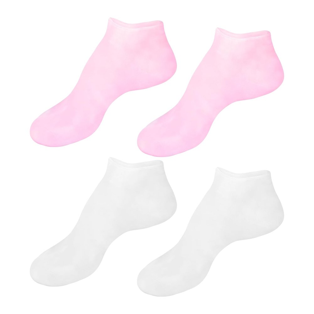 2 Pairs Reusable Silicone Moisturizing Socks for Dry Cracked Feet, Spa Gel Heel Sleeves for Women & Men, Foot Care Masks to Repair Rough Skin & Calluses (2 Pairs-Pink+White)