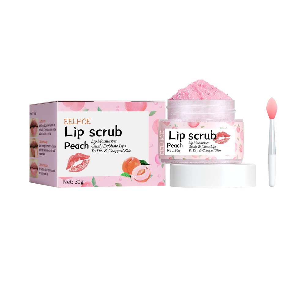 Peach Lip Scrub, Moisturizing Exfoliating Treatment for Dry Chapped Lips, Natural Ingredients with Jojoba Oil, Vitamin E, 30g with Applicator