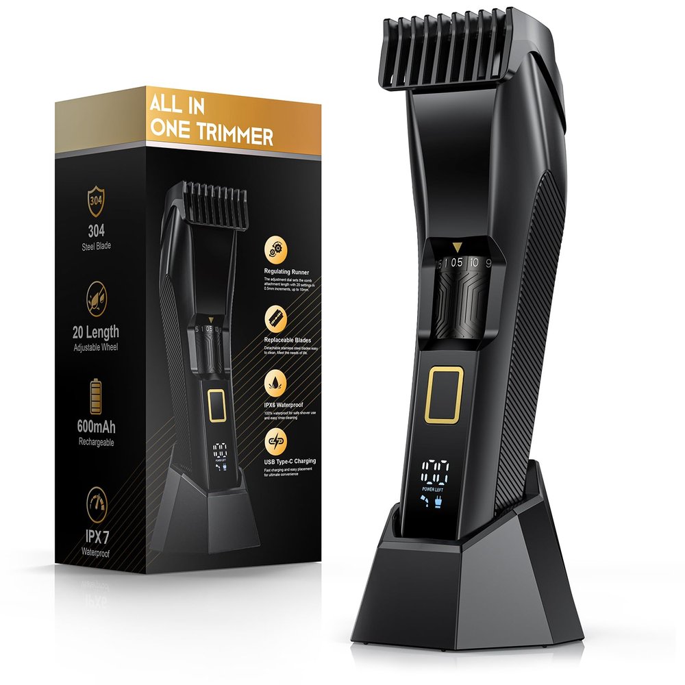 Men's Beard Trimmer-All-in-One Mustache Trimmer for Men with 20 Length Adjustable, Stainless Steel T-Blade for Precision Facial Hair Trimming Cordless IPX7 Waterproof Wet/Dry Clipper,LED Display