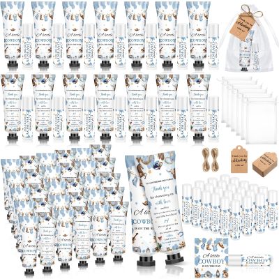 Dimsile 50 Sets 200 Pcs Cowboy Baby Shower Gifts Bulk Hand Lotion and Lip Balm Party Favors a Little Cowboy Is on The Way Theme Baby Shower Travel Size Hand Lotion and Lip Balm with Organza Bags Tags