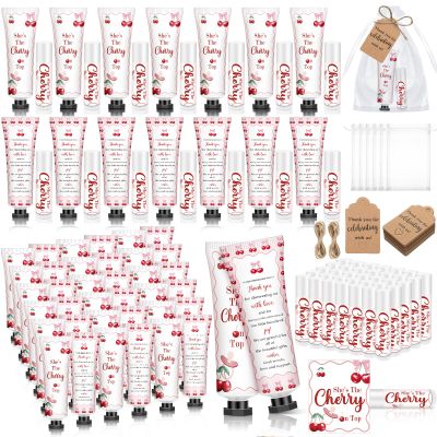 Dimsile 50 Sets 200 Pcs Cherry Baby Shower Gifts Bulk Hand Lotion and Lip Balm Party Favors Theme Baby Shower Travel Size Hand Lotion and Lip Balm with Organza Bags Tags