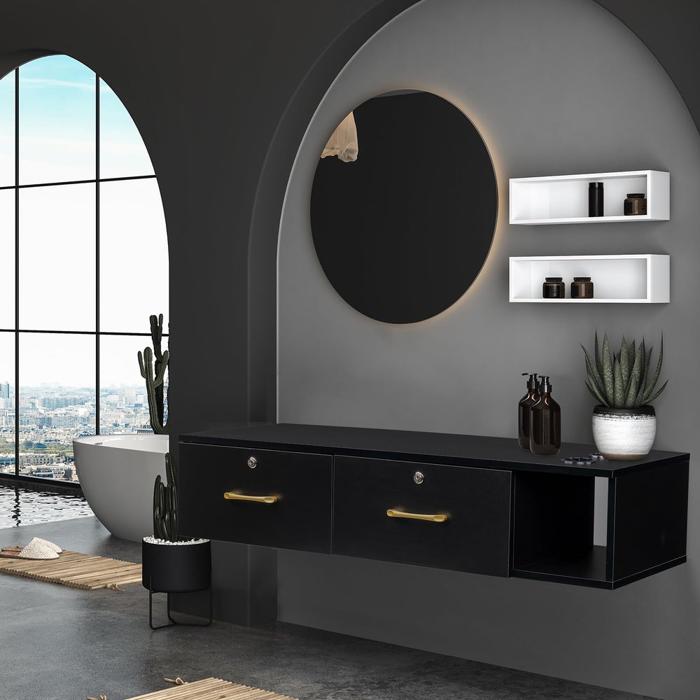 Black Wall Mount Hair Barber Table Salon Station, Beauty Salon Stations Equipment with Drawer, Spa Station Organizer Cabinet with Side Open Space, Storage Cabinets,Space Saving Bathroom Dresser