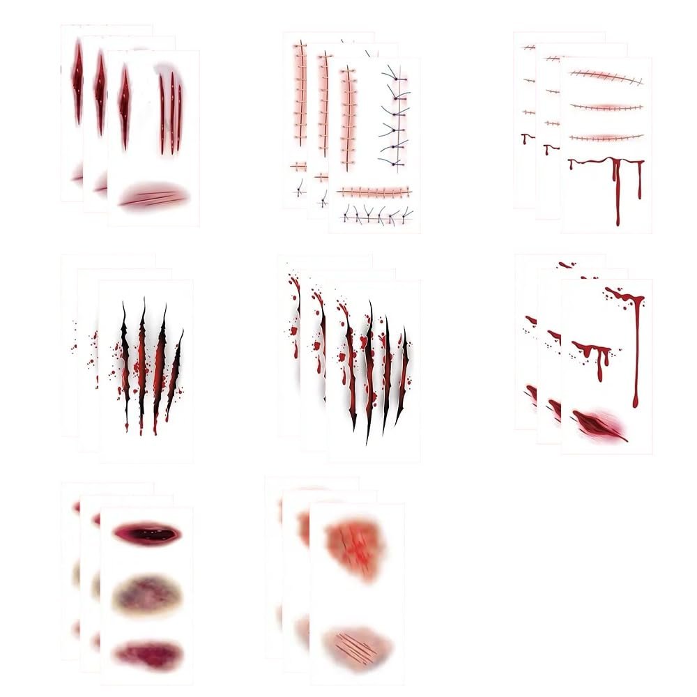 24 Sheets Fake Scars Temporary Tattoos, Halloween Body Face Scar Zombie Makeup Tattoo, Realistic Fake Bloody Scratch Wound Scar Stickers for Halloween Cosplay Party