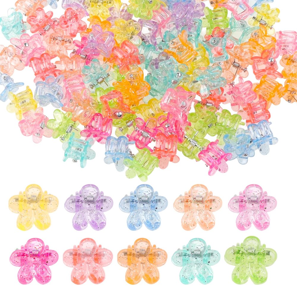 100PCS Mini Flower Hair Clips for Women Girls Mini Claw Clips Cute Jaw Clips Glitter Baby Hair Clip Small Hair Barrettes Strong Grip Hair Accessories for Hair Styling, Colorful