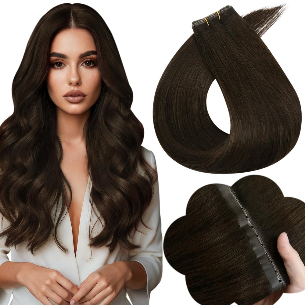 Full Shine Butterfly Weft Hair Extensions 16 Inch 50G Genius Weft Human Hair Dark Brown Invisible Pu Hole Extensions Thin Micro Bead Weft Silky Human Hair for Women
