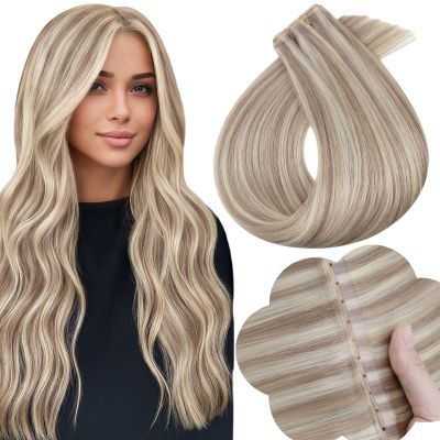 Full Shine Butterfly Weft Hair Extensions Human Hair 16 Inch 50G Ash Blonde Highlight Bleach Blonde Extensions Hand Tied Pu Hole Weft Extensions with Seamless Micro Beads