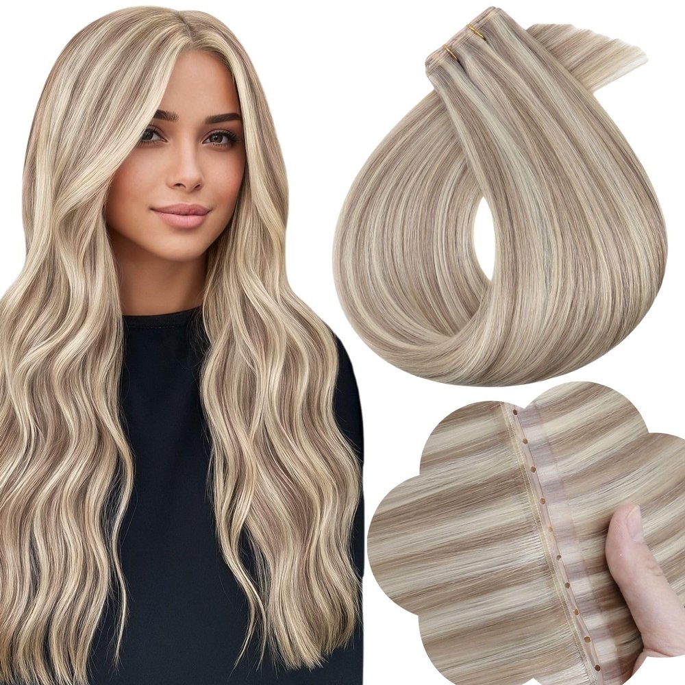 Full Shine Butterfly Weft Hair Extensions Human Hair 16 Inch 50G Ash Blonde Highlight Bleach Blonde Extensions Hand Tied Pu Hole Weft Extensions with Seamless Micro Beads