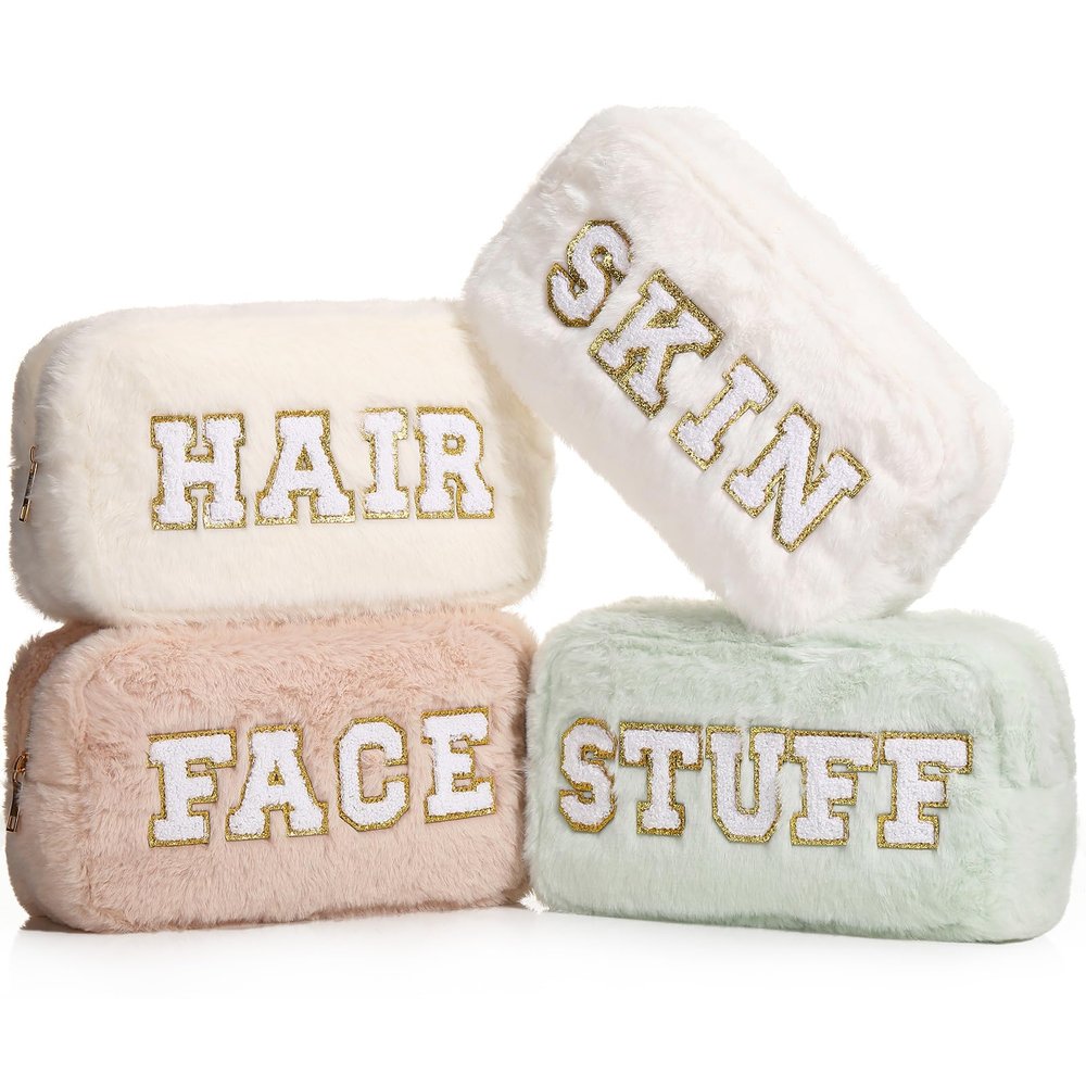 Paterr 4 Pieces Preppy Makeup Bag Chenille Letter Faux Fur Fluffy Bag Preppy Stuff Face Skin Hair Stuff Cute Toiletry Cosmetic Travel Bags Pouch with Zipper for Girls Women(Light Colors)