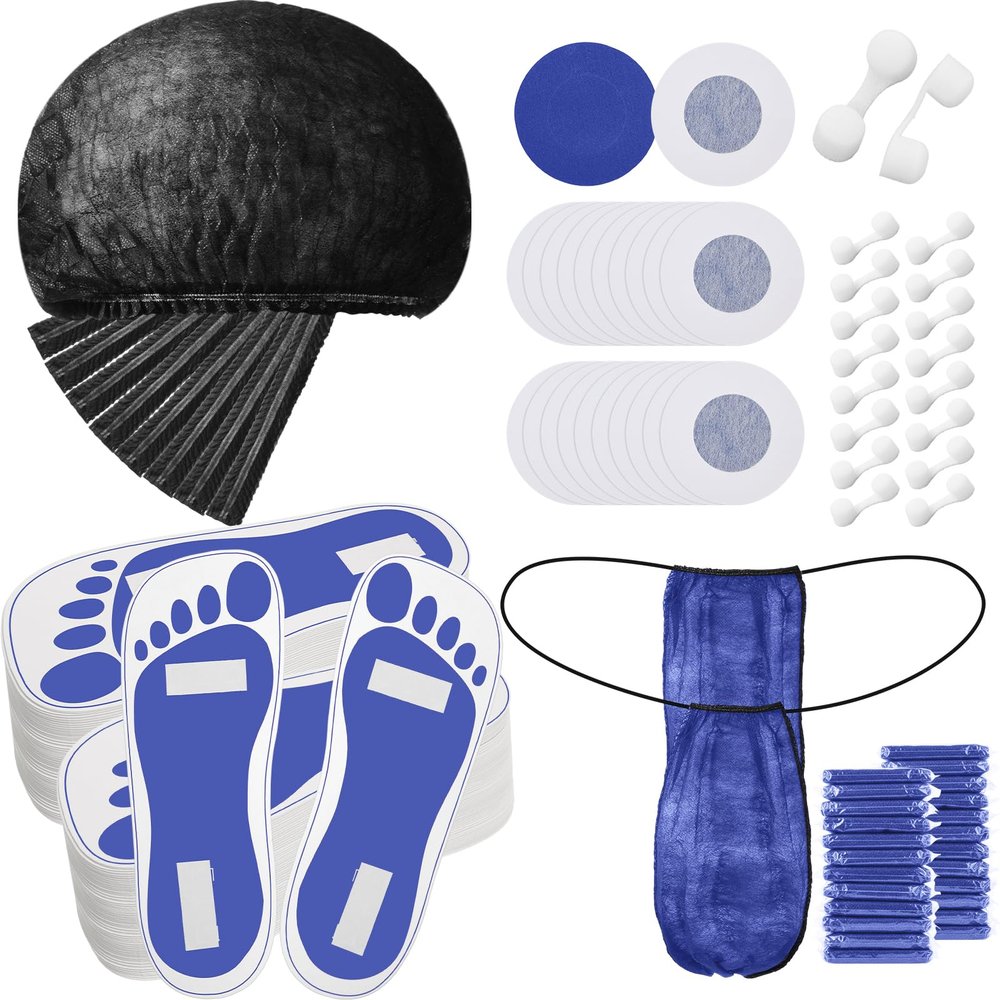 Chicingyou 125 Pcs Spray Tan Tanning Essentials Accessories Kit 25 Set Disposable Caps Underwear Feet Pads Nipple Cover Nose Filter Plugs for Beauty Salons Home Sunless Tanning (Blue)