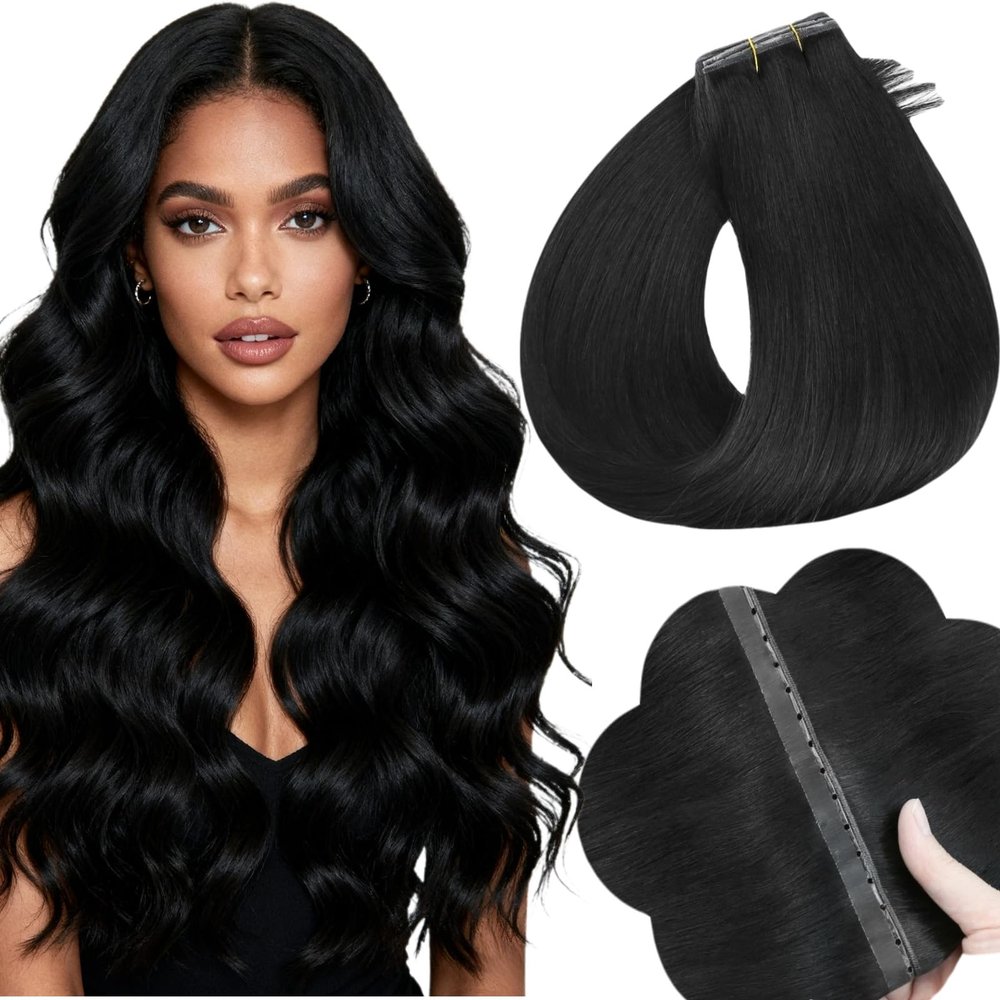 Full Shine Butterfly Weft Hair Extensions Human Hair 50G 20 Inch Jet Black Invisible Double Pu Hole Weft Extensions Thin Genius Weft Remy Hair Long Straight Hair Add Length