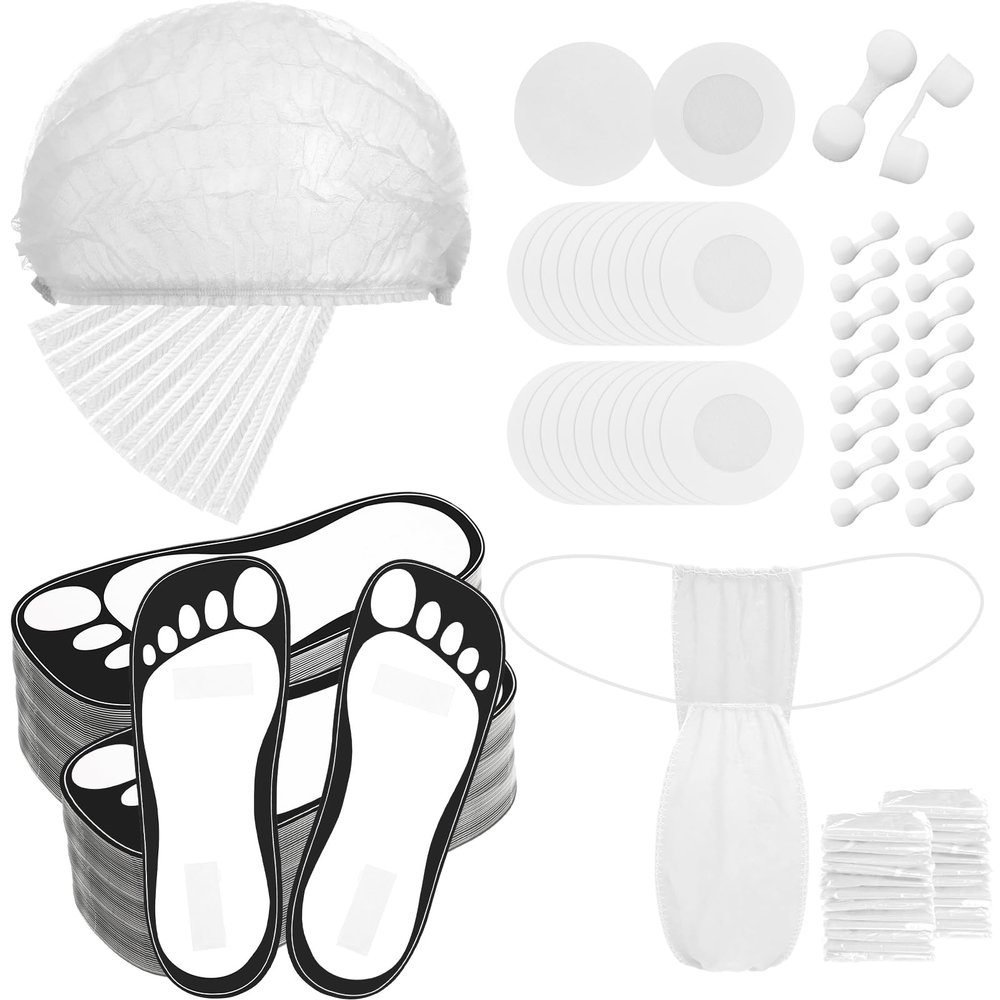 Chicingyou 125 Pcs Spray Tan Tanning Essentials Accessories Kit 25 Set Disposable Caps Underwear Feet Pads Nipple Cover Nose Filter Plugs for Beauty Salons Home Sunless Tanning (White)