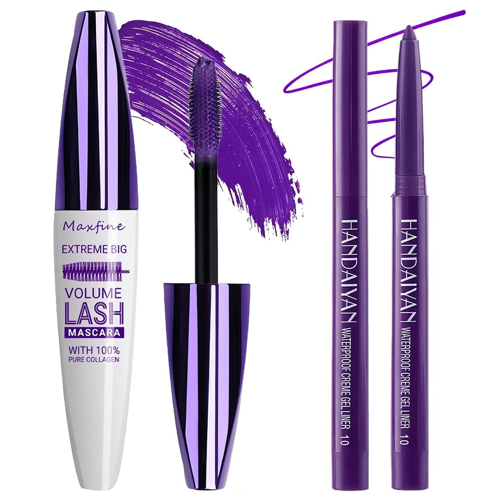 Purple Mascara and Eyeliner Set,5D Longlasting Waterproof Colored Mascara Volume and Length,Natural Lengthening Curling,Retractable Purple Eyeliner Pencil,Eye Makeup Gift Kit for Women