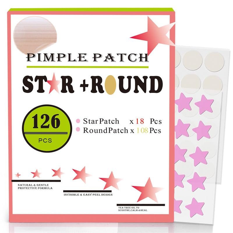 Pimple Patch Star and Round Acne Treatment Patches, Natural Tea Tree Oil Formula, 126 Count with 18 Star and 108 Round Patches