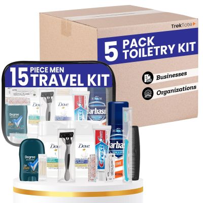 Trektote Bulk Hygiene Kit For Men (5 Pack) 15 Piece Set Of Travel Size Toiletries, TSA Compliant, Bulk Travel Essentials, Includes Shampoo And Conditioner, Shaving Cream, Toiletry Bag & More