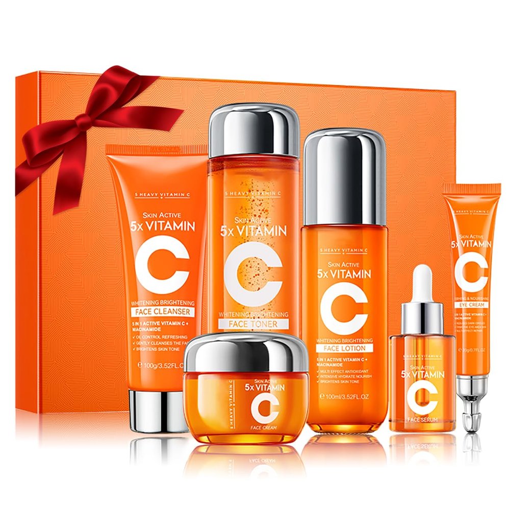 6-Piece Hydrating Skincare Set with Vitamin C, Face Care Kit Includes Cleanser, toner, lotion, essence, face cream, eye cream